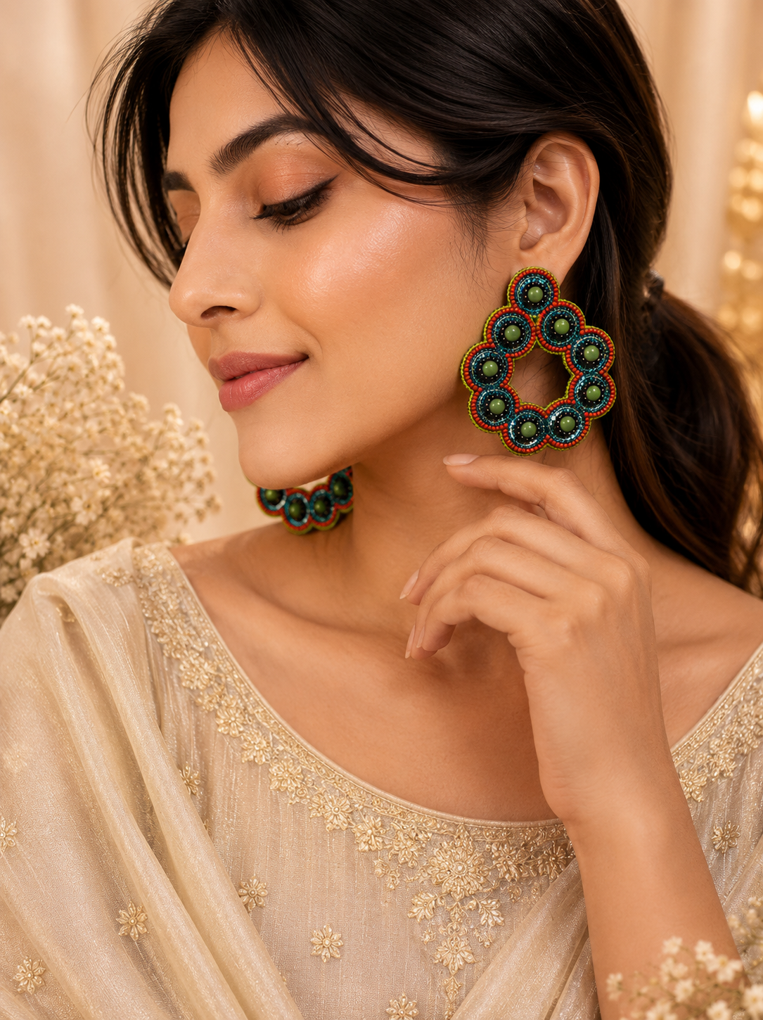 Amica Slexia Multicolor Floral Beaded Statement Earrings