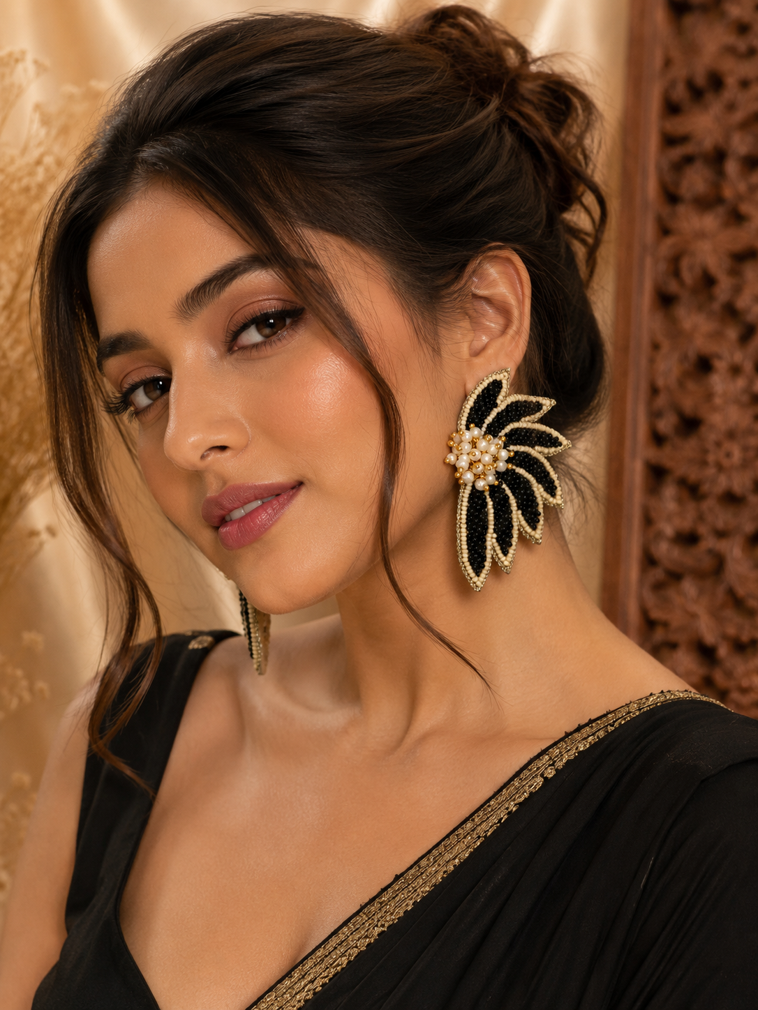 Amicaslexia Pearl Petal Noir Handcrafted Statement Earrings