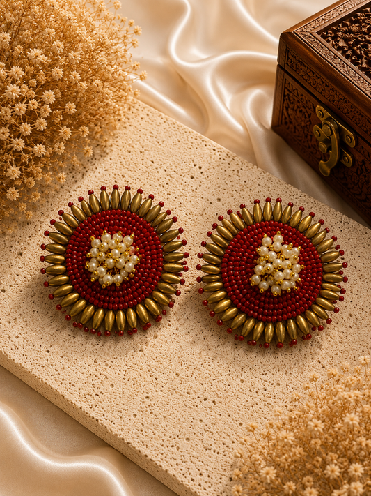 Amicaslexia Handmade Red & Gold Pearl Statement Earrings