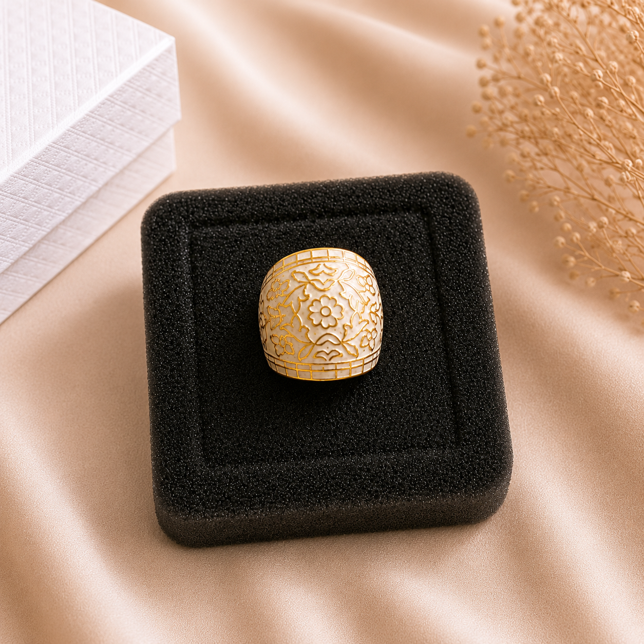 Elegant White & Gold Floral Statement Ring for Women