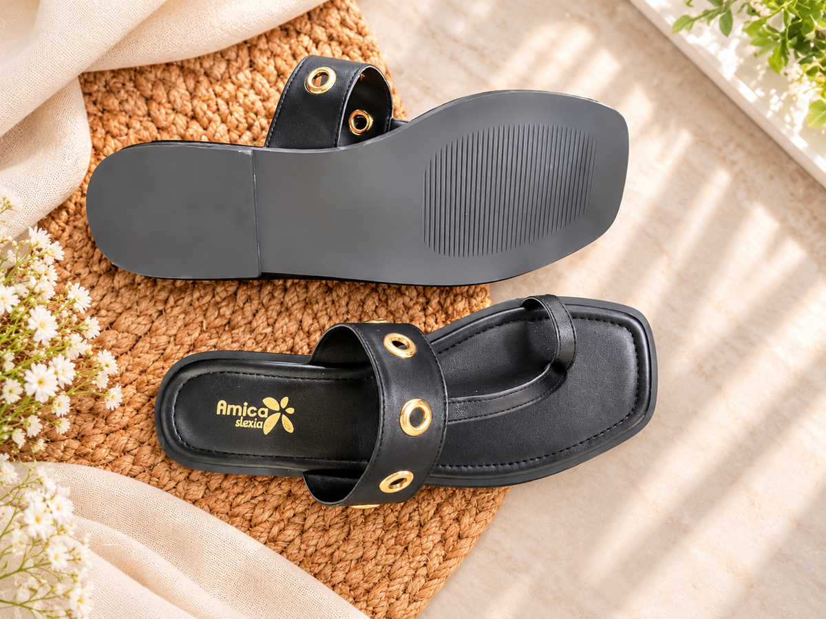 Women's Black Flat Sandals with Golden Eyelet Strap