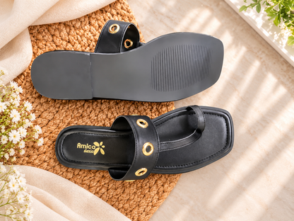 Women's Black Flat Sandals with Golden Eyelet Strap
