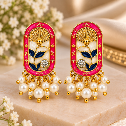 Amica Slexia Pink & Blue Floral Pearl Drop Earrings for Women