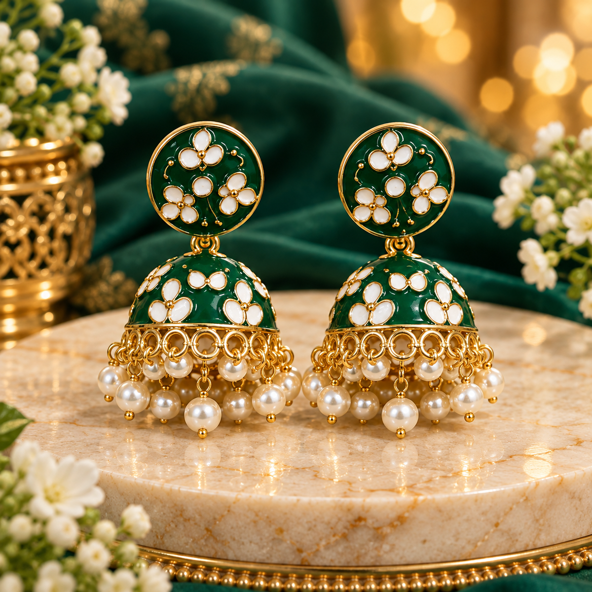 Green Floral Pearl Jhumka Earrings for Women
