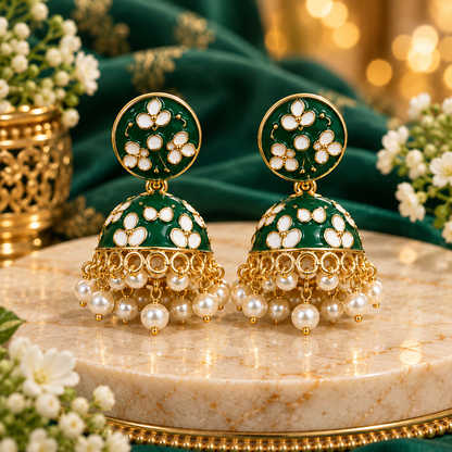 Green Floral Pearl Jhumka Earrings for Women