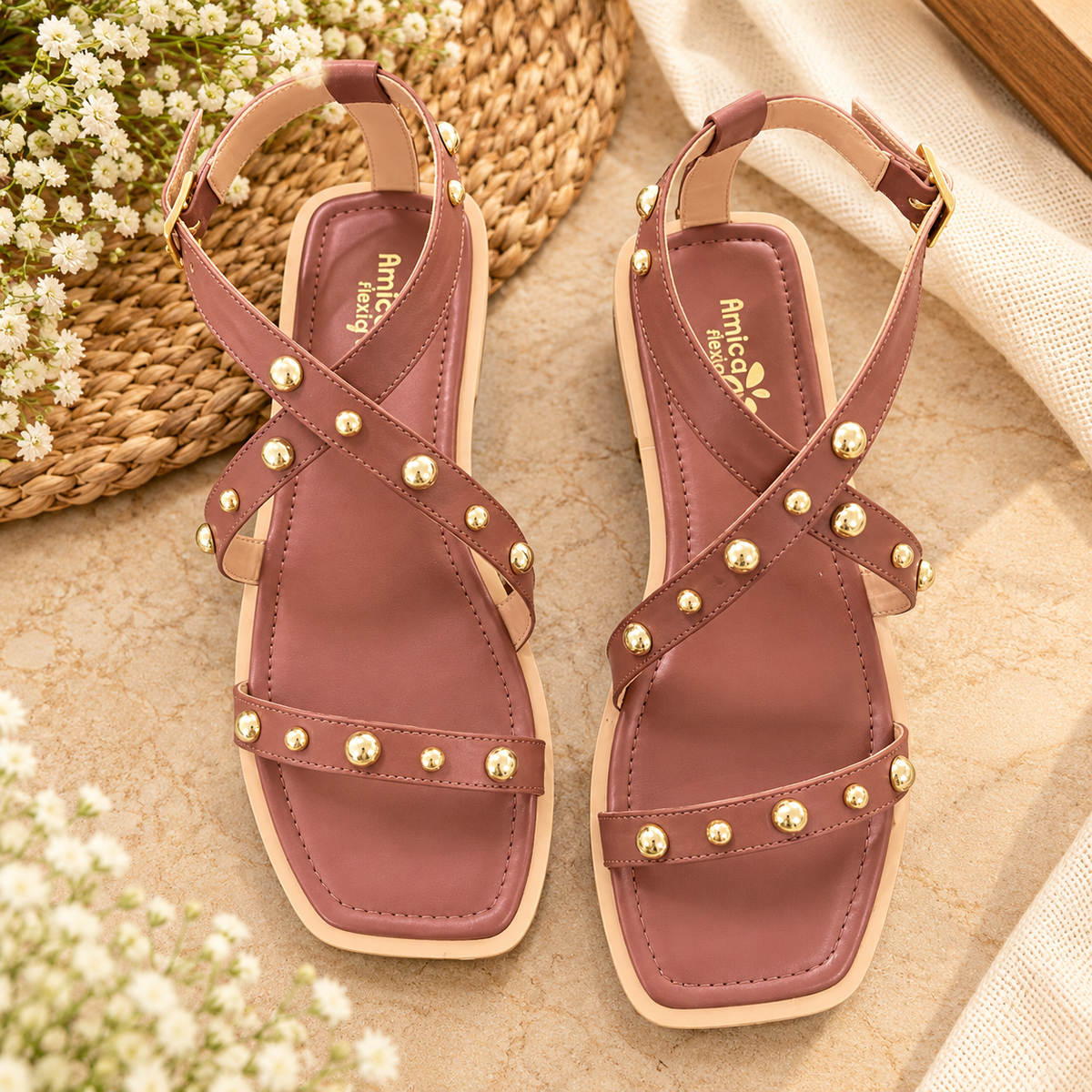 Women's Mauve Flat Sandals with Golden Studs