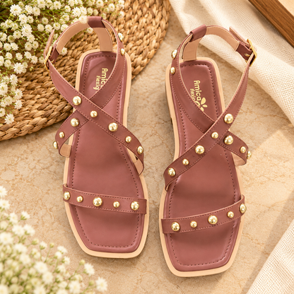 Women's Mauve Flat Sandals with Golden Studs