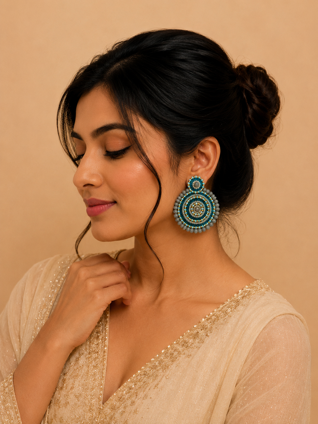 Amicaslexia Handmade Blue & Grey Beaded Statement Earrings