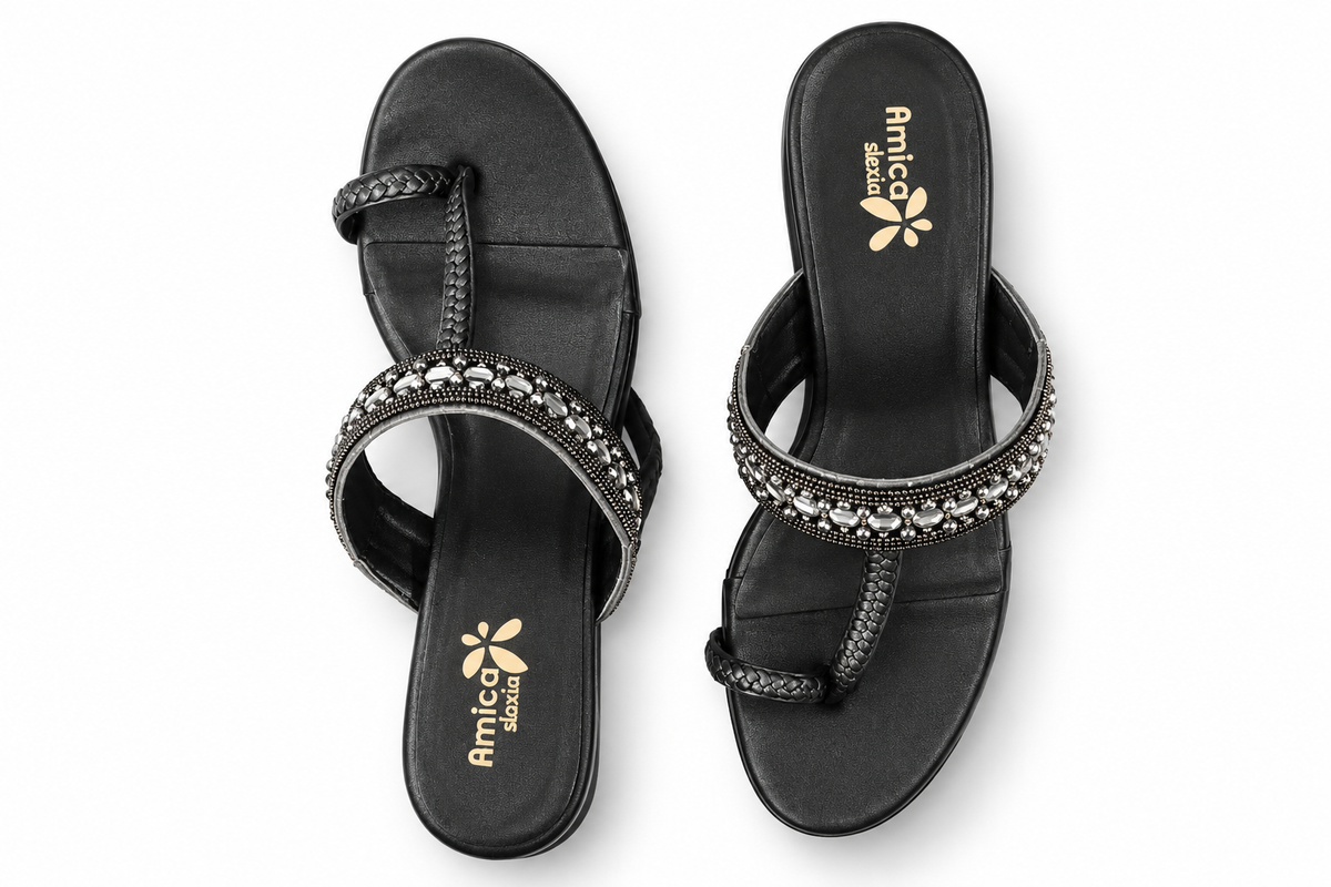 Women’s Black Heeled Sandals with Rhinestone Detailing