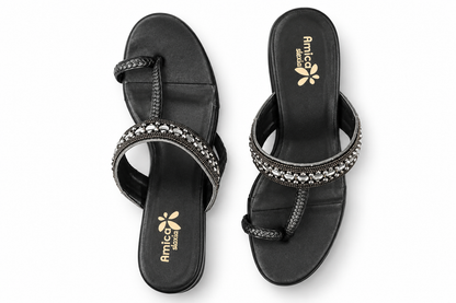 Women’s Black Heeled Sandals with Rhinestone Detailing