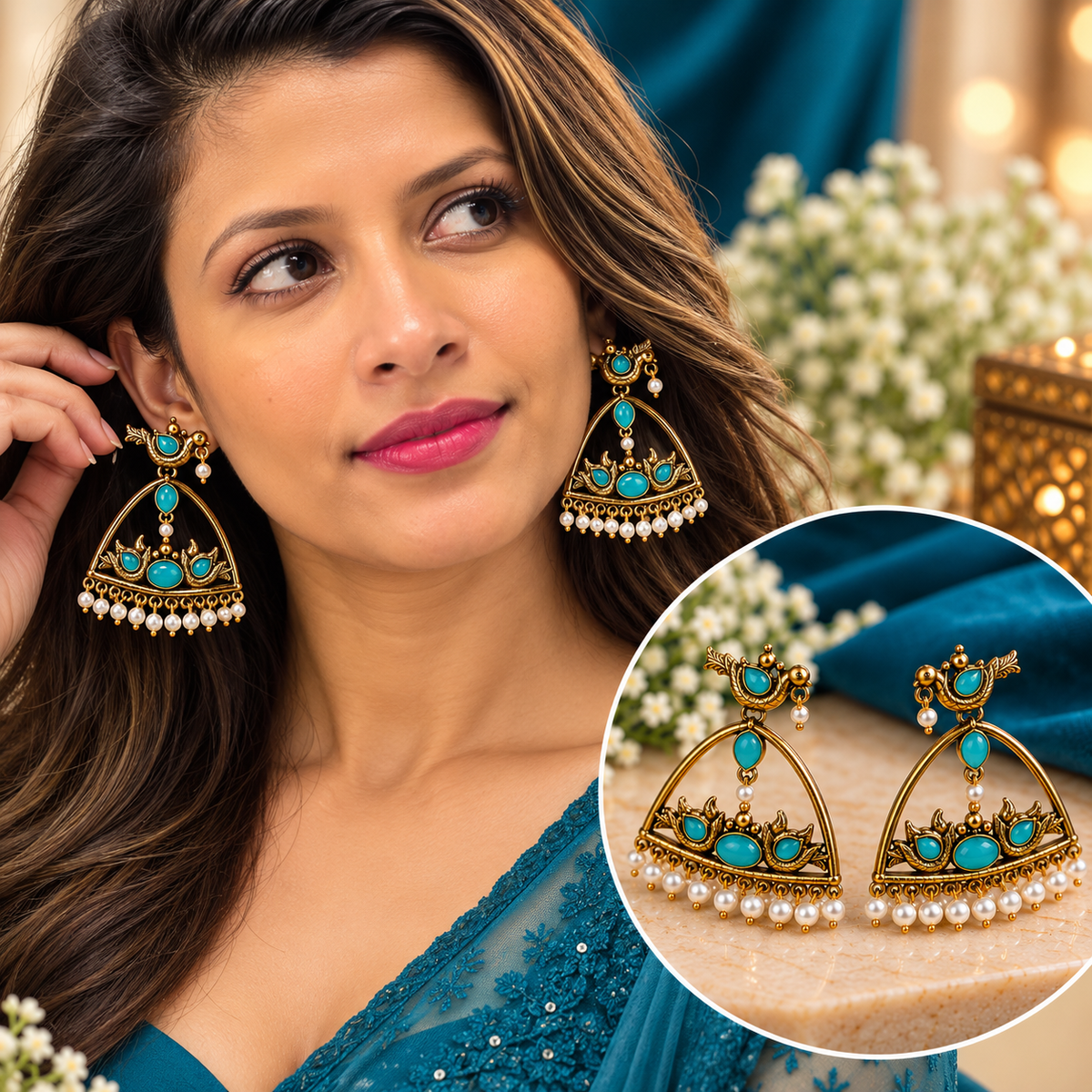 Turquoise Blue Bird Design Pearl Drop Statement Earrings for Women