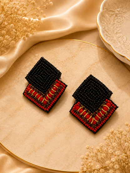 Amica Slexia Black & Red Geometric Beaded Earrings