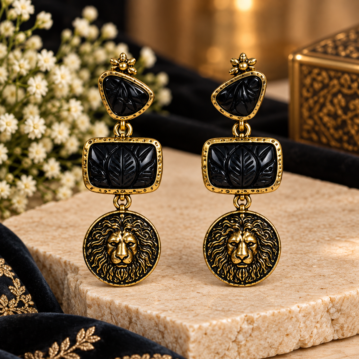 Black & Gold Lion Statement Drop Earrings for Women
