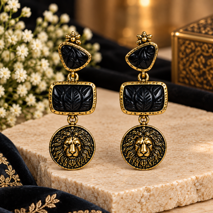 Black & Gold Lion Statement Drop Earrings for Women