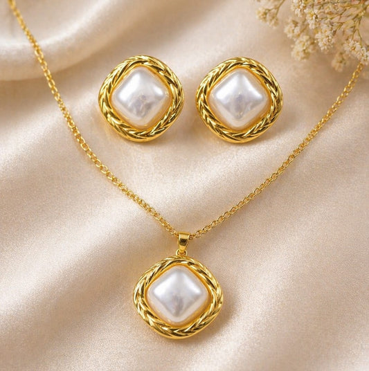 Dazelio Gold-Tone Pearl Stainless Steel Jewellery Set for Women