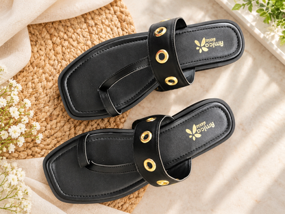 Women's Black Flat Sandals with Golden Eyelet Strap