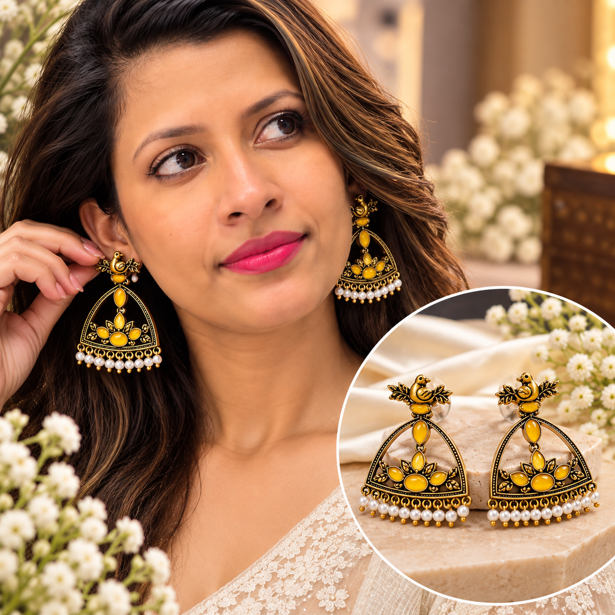 Traditional Kundan-Inspired Bird Design Pearl Drop Earrings for Women