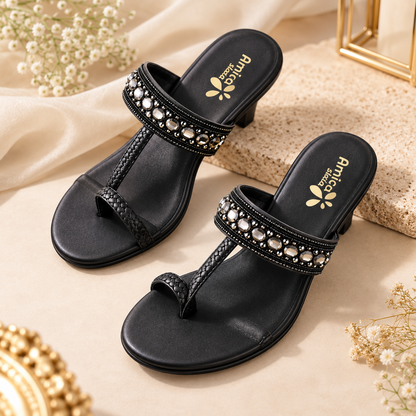 Women’s Black Heeled Sandals with Rhinestone Detailing