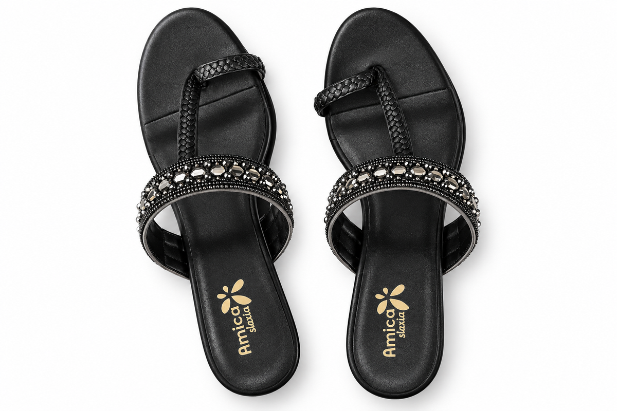 Women’s Black Heeled Sandals with Rhinestone Detailing