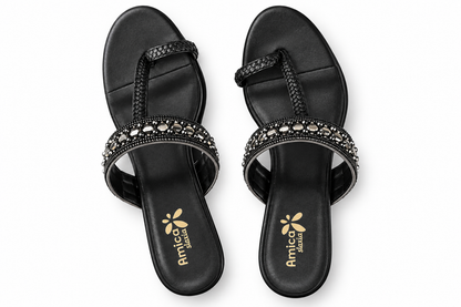 Women’s Black Heeled Sandals with Rhinestone Detailing