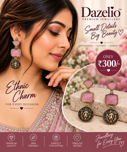 Pink & Black Lion Statement Drop Earrings for Women
