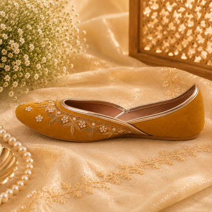 AmicaSlexia Women Mustard Embroidered Jutti