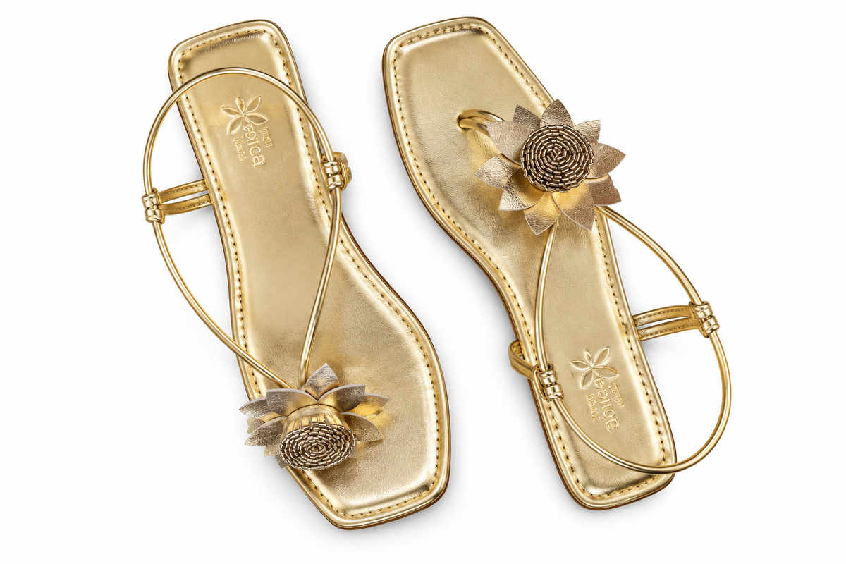 Women’s Golden Flat Sandals with Floral Embellishment