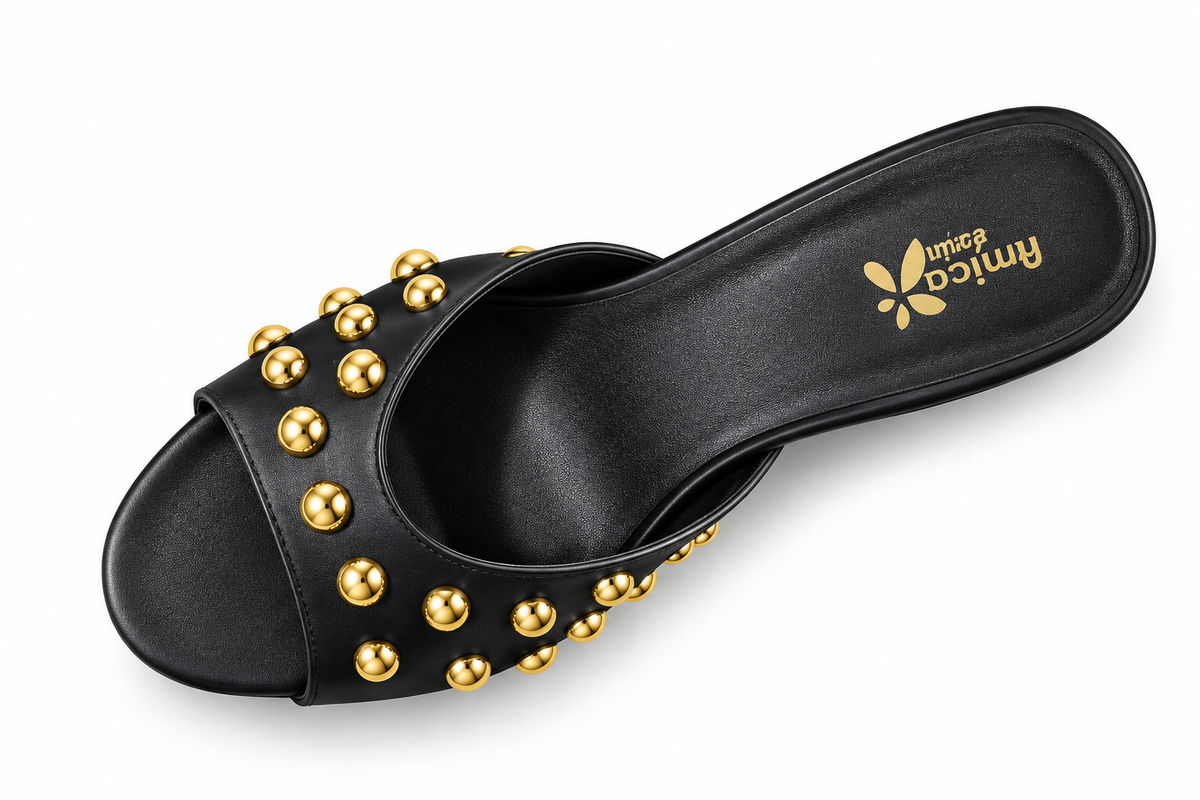 Women’s Black Block Heel Sandals with Golden Studs