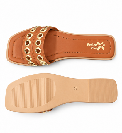 Women’s Brown Flat Sandals with Golden Eyelet Detailing