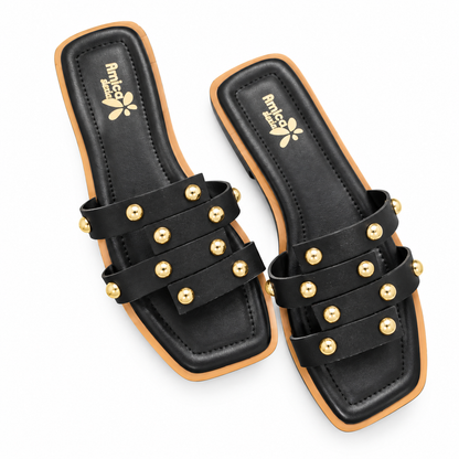 Women’s Black Flat Sandals with Golden Studs