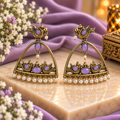 Lavender Purple Bird Design Pearl Drop Statement Earrings for Women