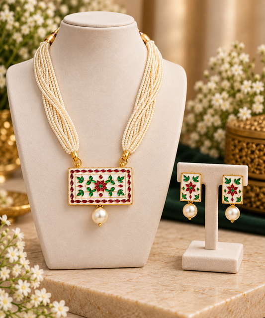 White Pearl Meenakari Necklace & Earrings Set for Women