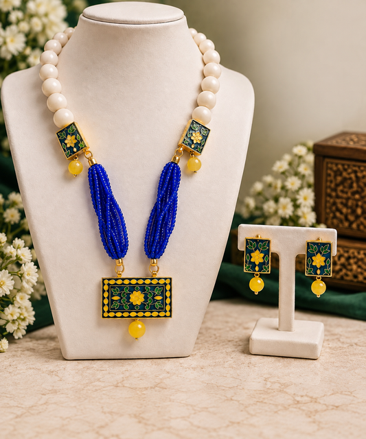 Blue & Yellow Meenakari Beaded Necklace Set with Matching Earrings for Women
