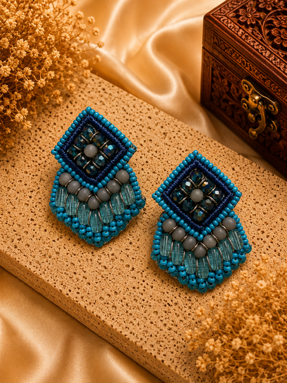 Handmade Blue Crystal Beaded Statement Earrings
