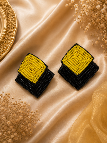 Amica Slexia Dual Tone Black & Yellow Beaded Square Statement Earrings