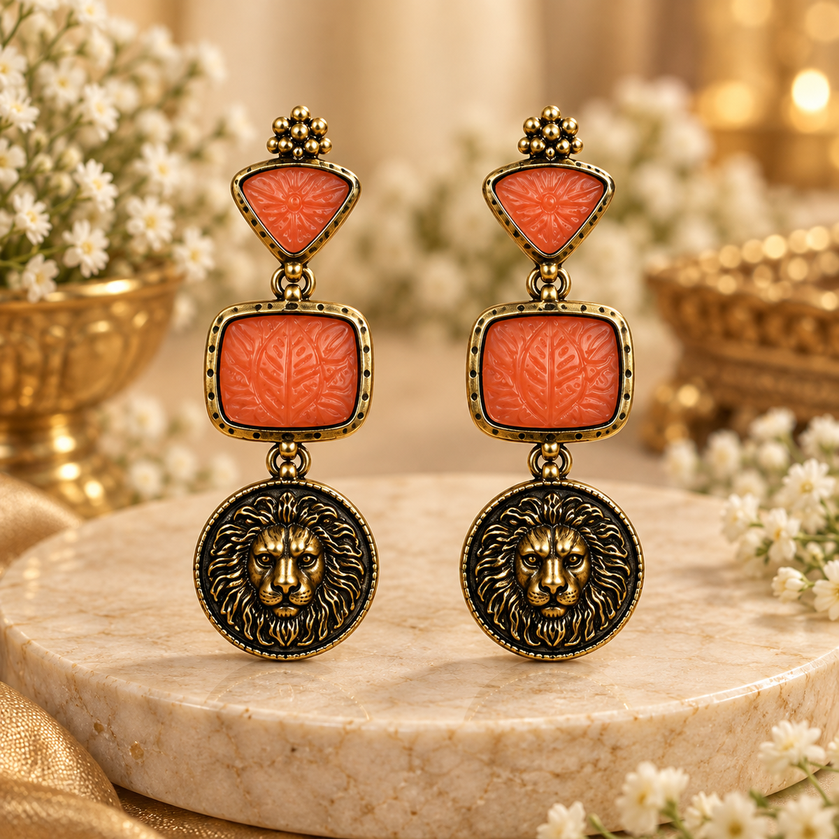 Orange & Black Lion Statement Drop Earrings for Women