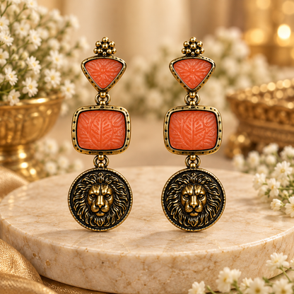 Orange & Black Lion Statement Drop Earrings for Women