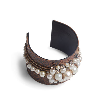 Amica Slexia Pearl Embellished Textured Cuff Bangle for Women