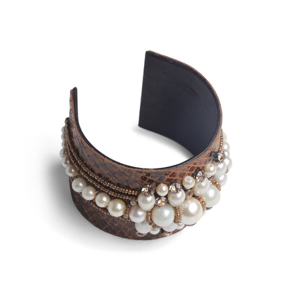 Amica Slexia Pearl Embellished Textured Cuff Bangle for Women