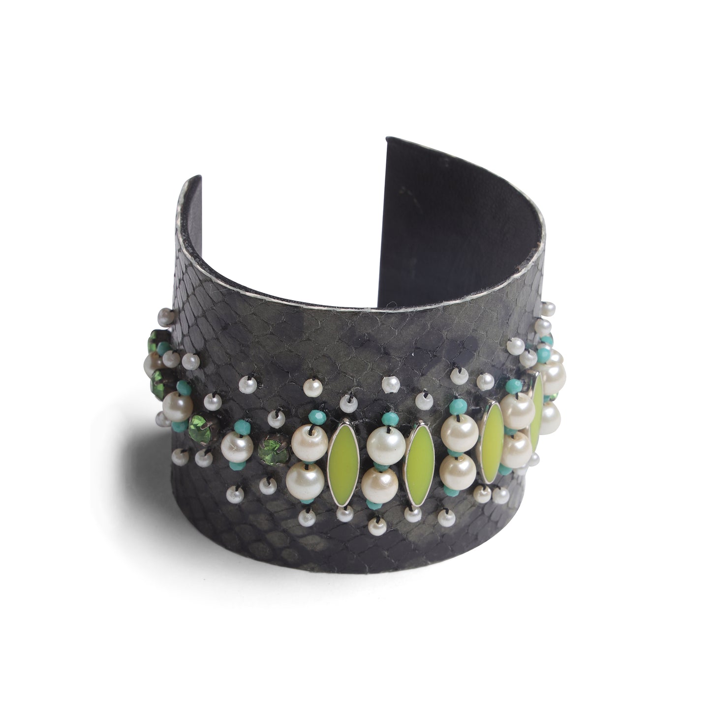 Amica Slexia Black Textured Cuff Bangle with Pearl & Green Stone Embellishments