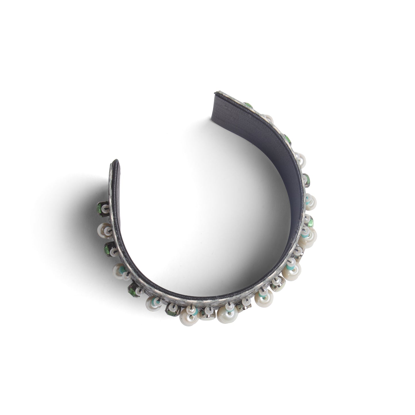 Amica Slexia Black Textured Cuff Bangle with Pearl & Green Stone Embellishments