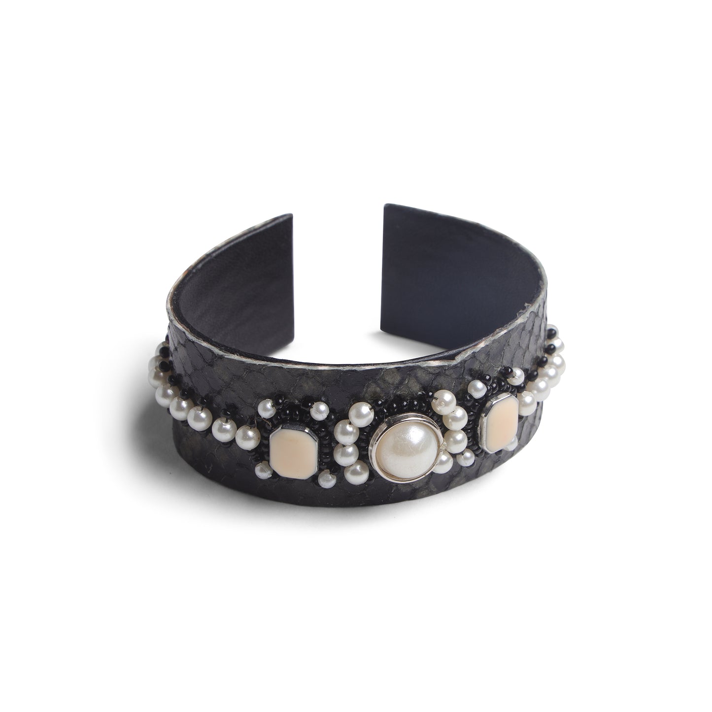 Amica Slexia Pearl & Beige Stone Embellished Textured Cuff Bangle for Women