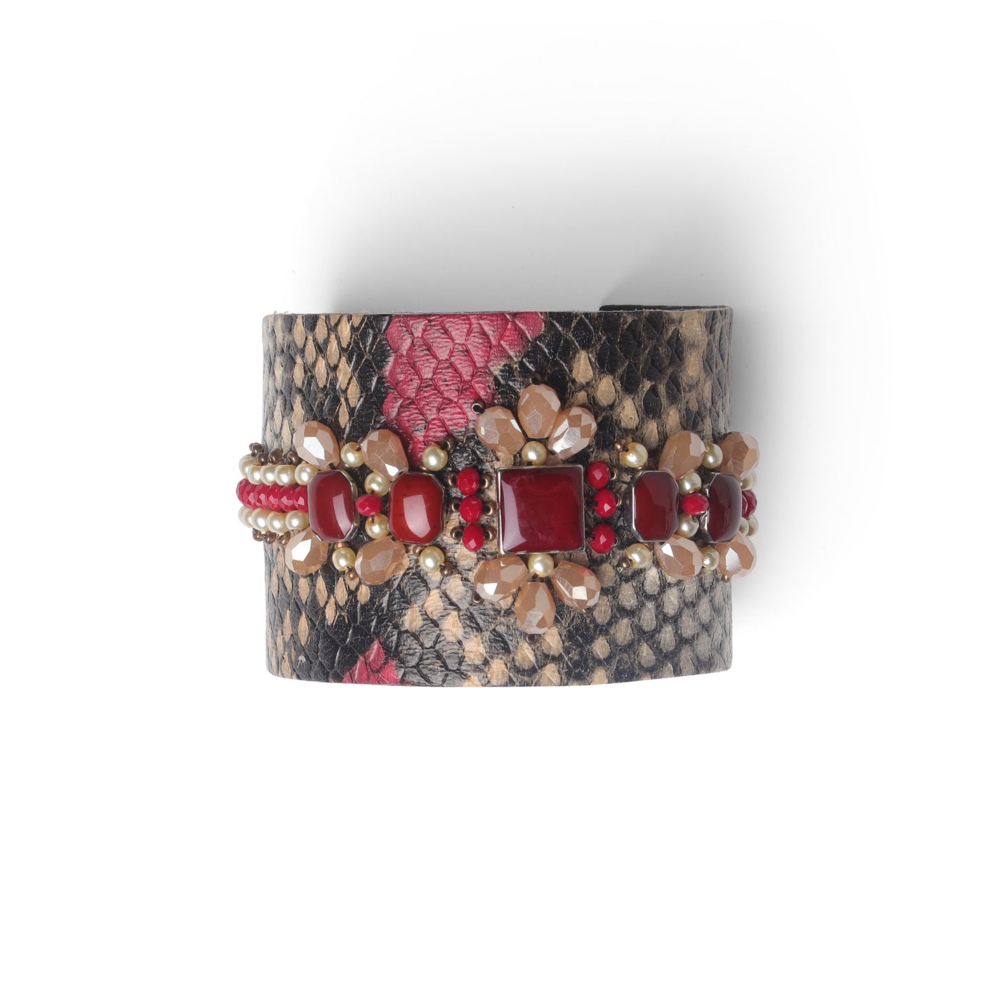 Red Stone Embellished Textured Statement Cuff Bangle for Women