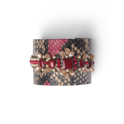 Red Stone Embellished Textured Statement Cuff Bangle for Women