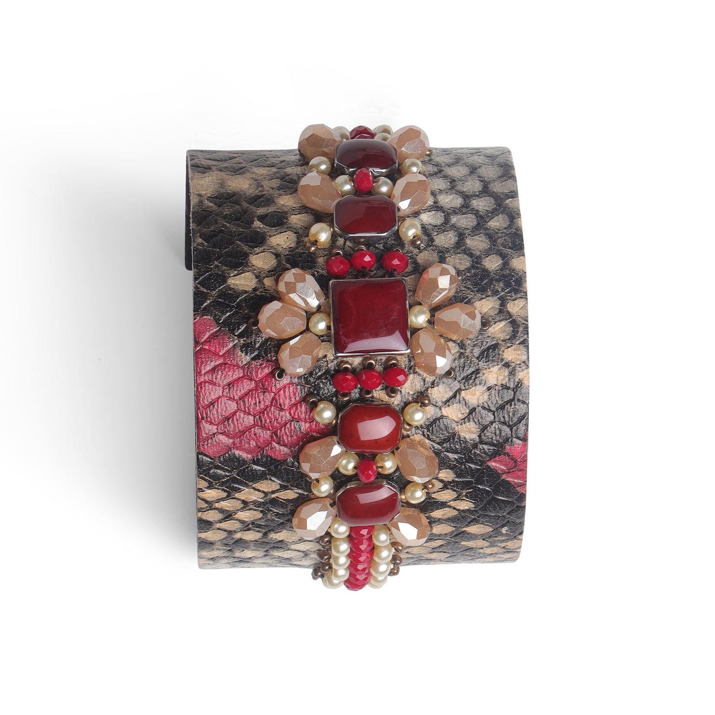 Red Stone Embellished Textured Statement Cuff Bangle for Women