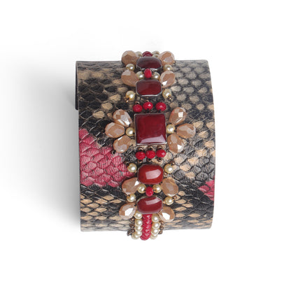 Red Stone Embellished Textured Statement Cuff Bangle for Women