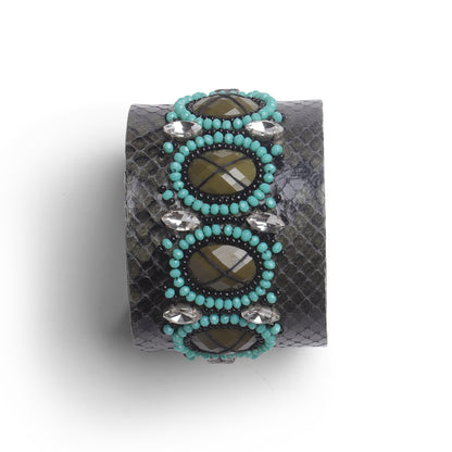 Handcrafted Grey Textured Cuff Bangle with Turquoise Beads & Crystal Accents