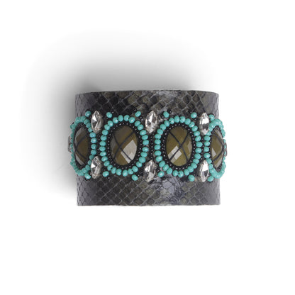 Handcrafted Grey Textured Cuff Bangle with Turquoise Beads & Crystal Accents