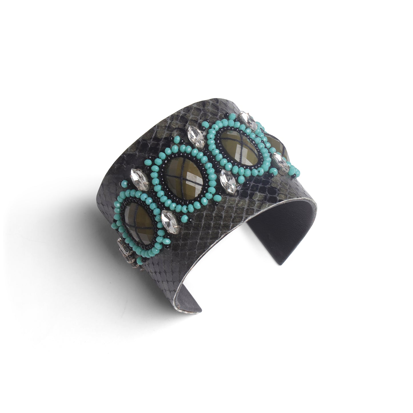 Handcrafted Grey Textured Cuff Bangle with Turquoise Beads & Crystal Accents