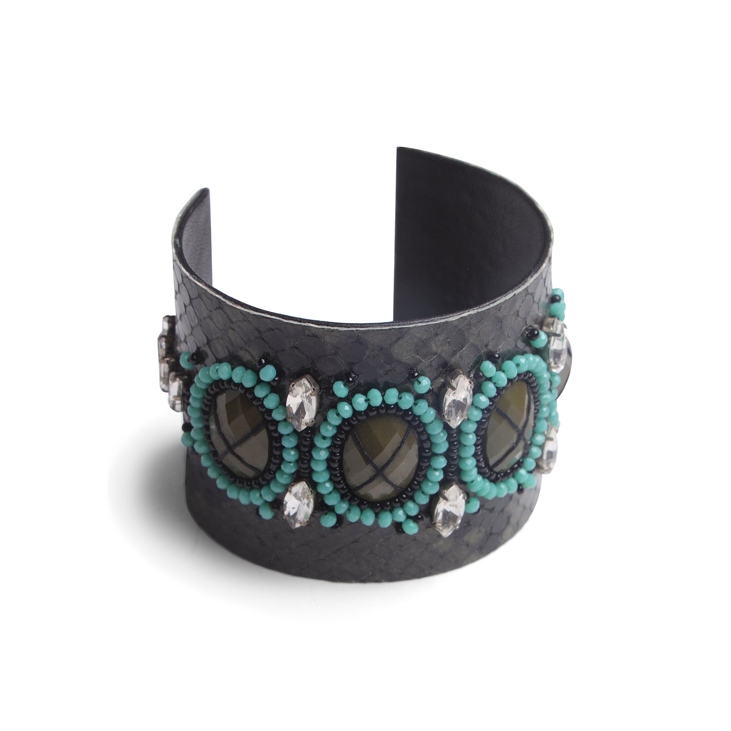 Handcrafted Grey Textured Cuff Bangle with Turquoise Beads & Crystal Accents